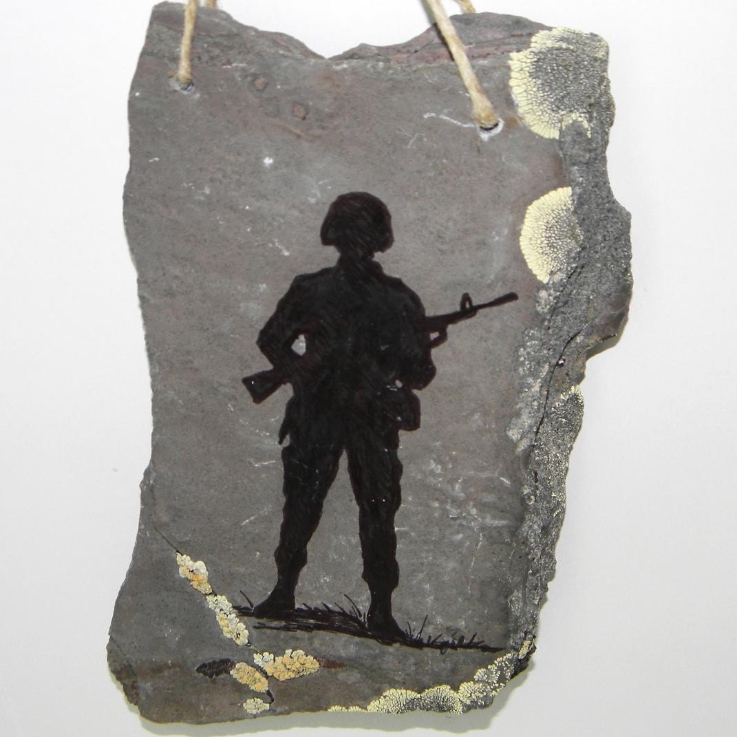 Soldier, Army, Marine, Military- Drawn on Stone- Free US Shipping