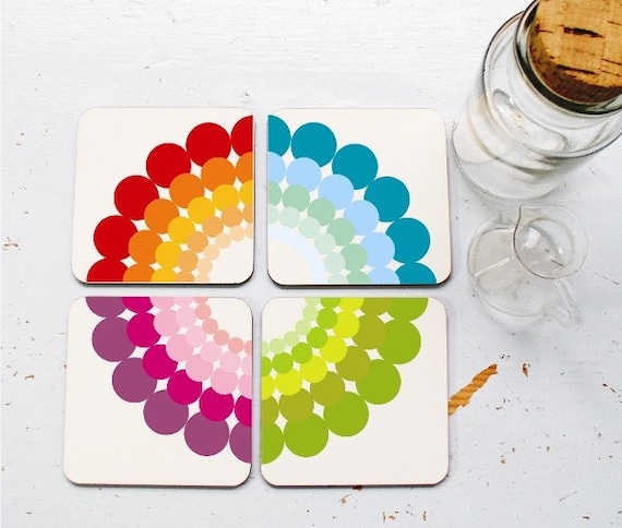 Set of 4 puzzle coasters printed retro colorful rainbow circled dots for your home or office decoration