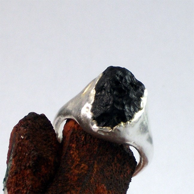 Silver Ring Tektite Natural Glass Black Ebony Artisan Raw Natural
