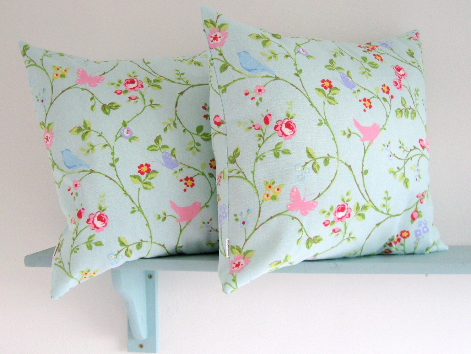 Pair of 16 inch Cushion Covers in Bird Trail Seafoam Cotton Fabric by Clarke and Clarke UK