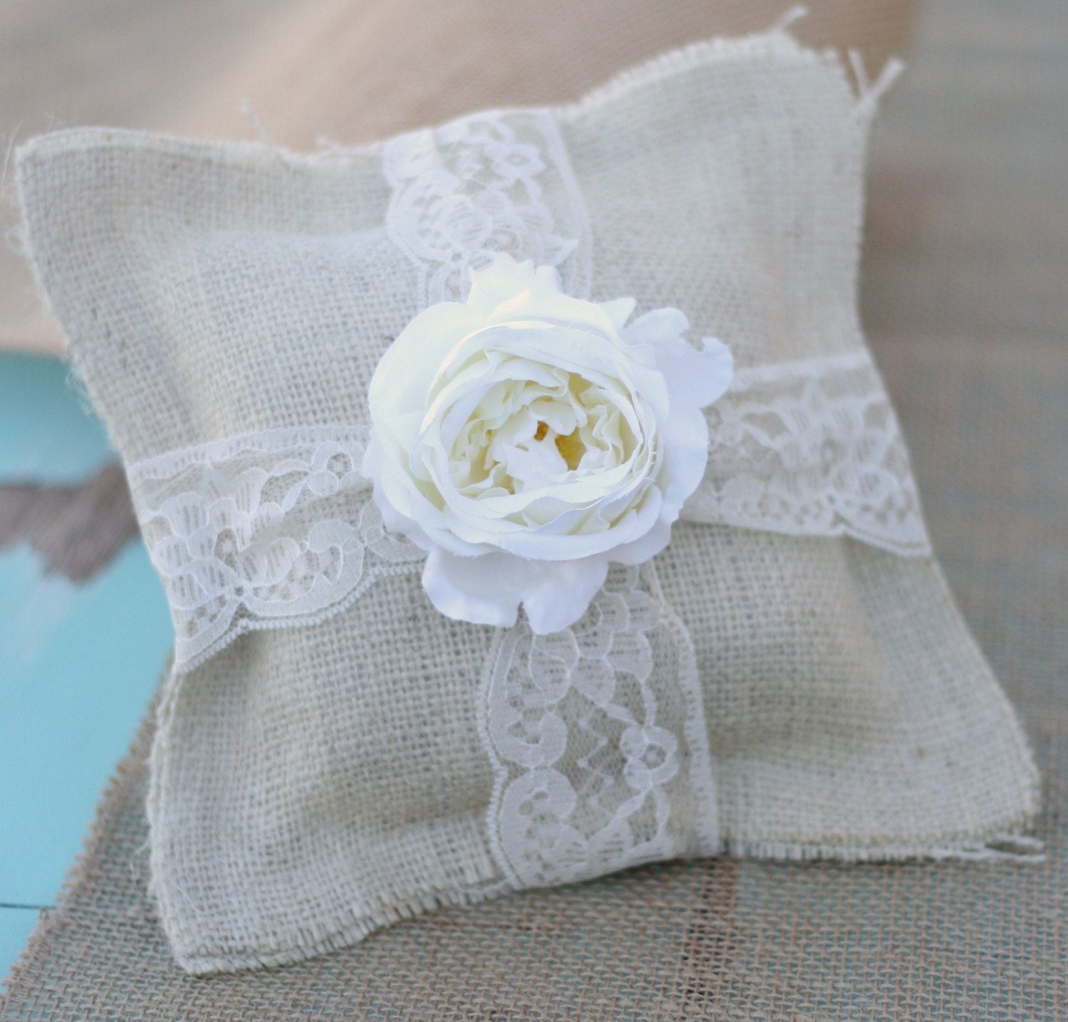 Vintage Style Rustic Spring Summer Woodland Wedding Shabby Chic Burlap Ring Bearer Pillow Antique Rose and Lace Accents