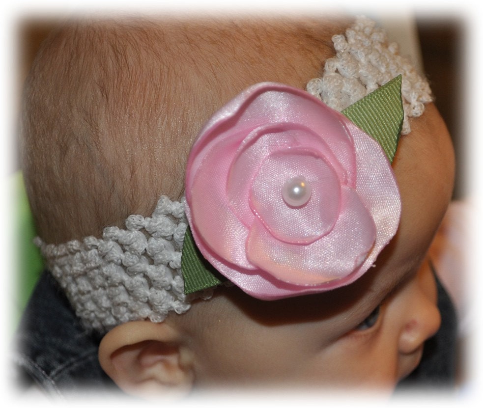 Perfect PINK ROSE Flower Clip Infant Toddler Pink Satin Pearl Center
