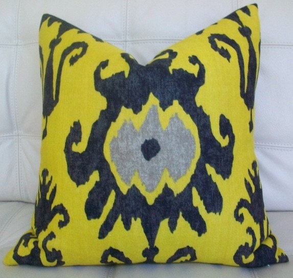 NEW Decorative Designer  Pillow Cover - 18X18 - Vervain - IKAT print in black, grey and mustard