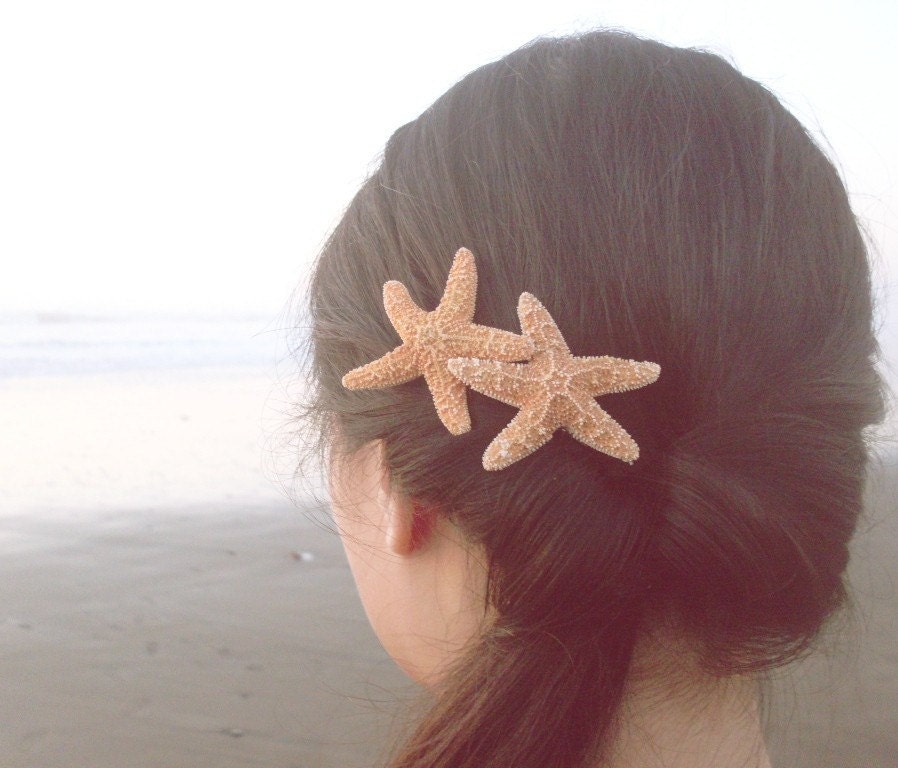 15% OFF Sale - Double Natural Sugar Starfish Barrette Clip - Romantic Whimsical Dreamy Sea Stars for Your Hair - Mermaid Collection