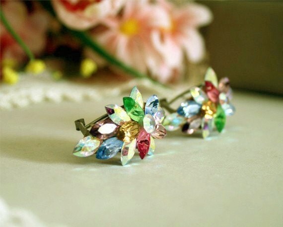 Multi Color Rhinestone Fur Clip Duette Single Prong Ab Aurora Borealis Vintage Juliana Style Costume Clips Pair Jewelry Pin Coat Scatter Pins 1930s 1940s 30s 40s