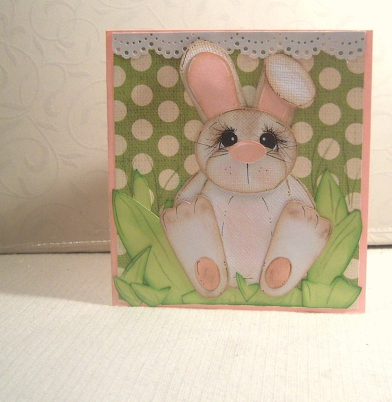 Bunny Paper Pieced Greeting Card Green Polka Dot Easter with Tags