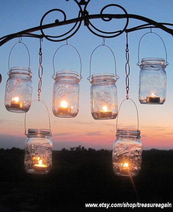 Mason Jar Lanterns, 6 Clear Party Luminaries, Light Jars, Upcycled Recycled Lighting, Ball Jars, Garden Party, Weddings by TreasureAgain
