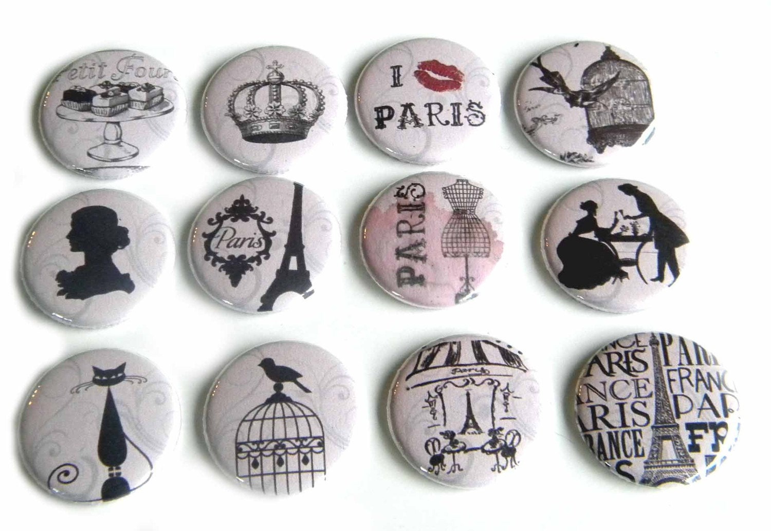12 Paris Themed Flat Back Buttons