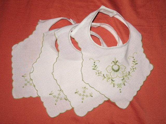 EARTHDAY SALE:  Set of 4 Bibs, Upcycled vintage embroidered bread-basket kerchief Cream and Green, Infant/toddler size