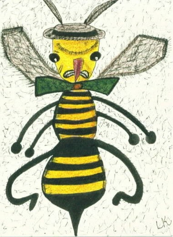 Mad Bee With Hat Ink and Pen Comical ACEO