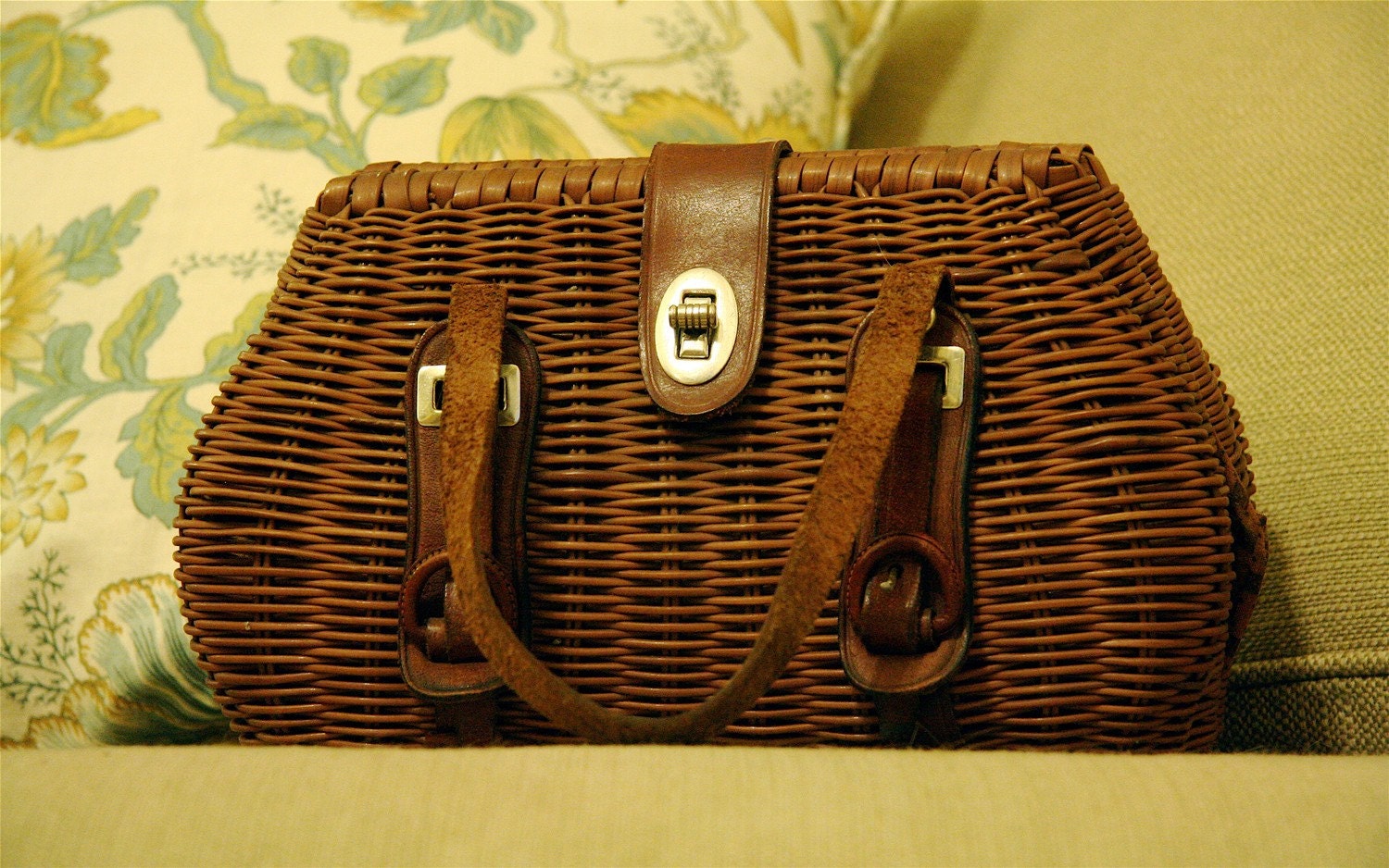 brown wicker and leather Vintage Purse
