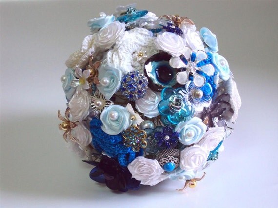 SALE Vintage inspired wedding Bridal Bouquet with Brooches, Satin, handmade-crocheted flowers, pearls , beads, jewel , ribbon .