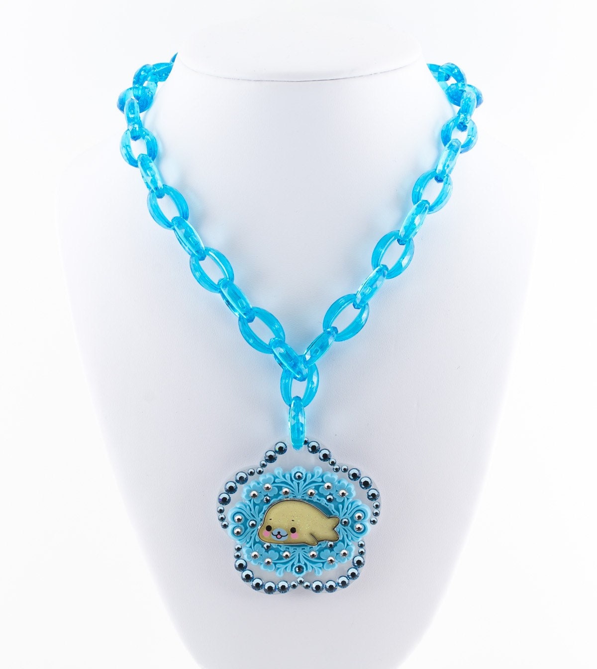 Huge Bling Mamegoma Happy Seal Swarovski Crystal Ornate Flower Pendant on faceted blue vintage chain cute japanese lolita style/inspired