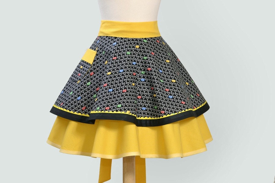 Waist  Apron - Double Skirt Half Apron in Black Hear to Hearts with Sunny Yellow Polka Dot