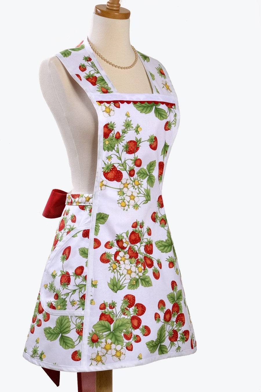 Womens Vintage Inspired Retro Style Apron - Red Strawberries in Fresh Spring White Background