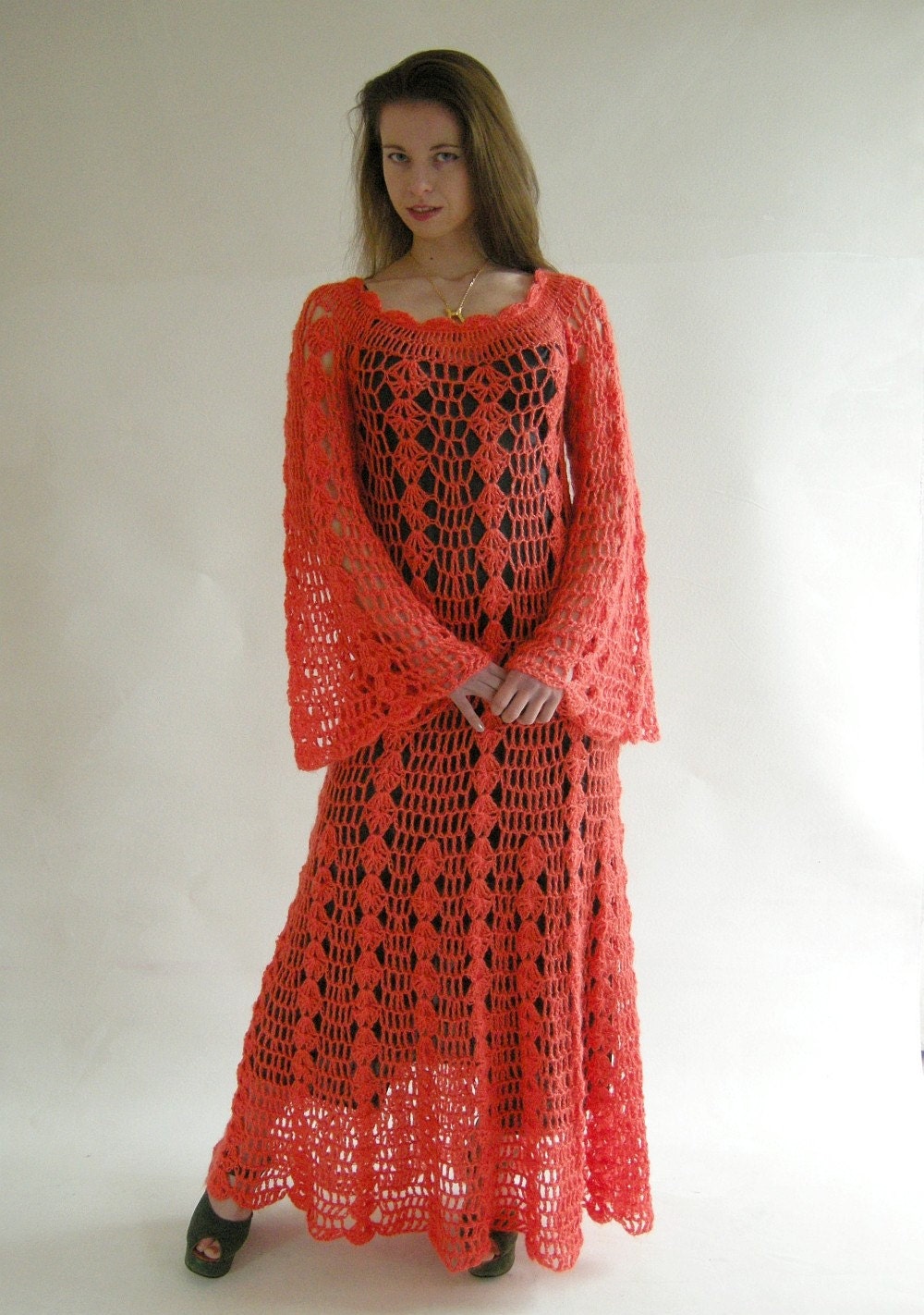 ORANGE Hand Crochet Vintage 60s 70s Maxi Dress S by empressjade from etsy