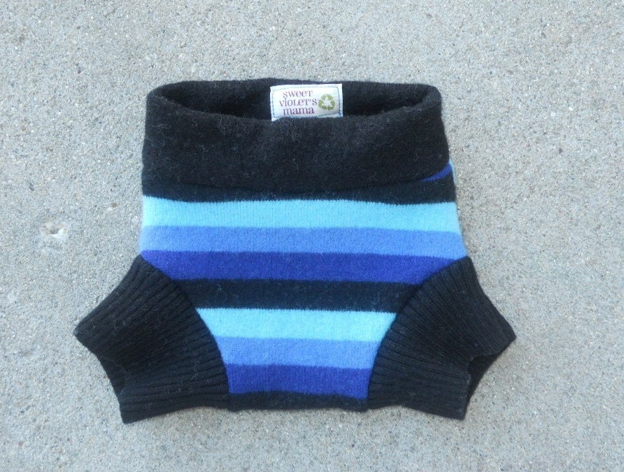 Small recycled wool soaker shorties, cloth diaper cover, bold blues and black