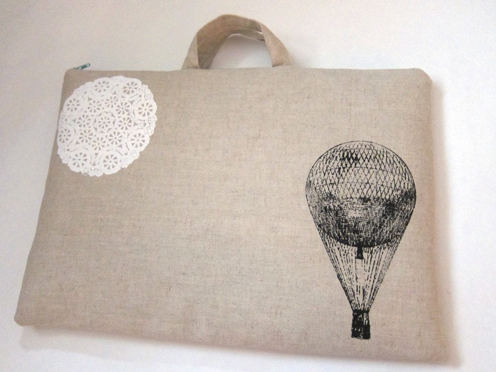 Laptop Bag - Hot Air Balloon and a Bit of Lace on Linen- Custom Sizing Available - Handmade