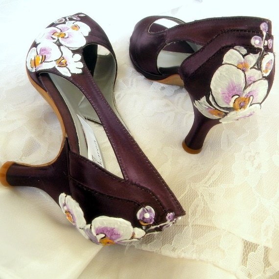 Wedding Shoes painted Orchids victorian aubergine peep toe platforms