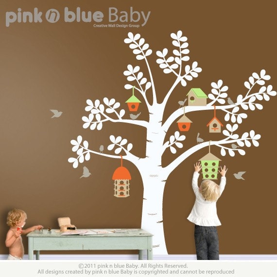 NEW DESIGN - The Bird Houses and Tree :  Nursery Kids Removable Wall Vinyl Decal - All Kids love this Wall sticker