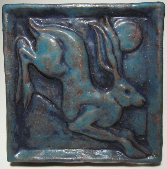 Leaping hare art tile - deep turquoise