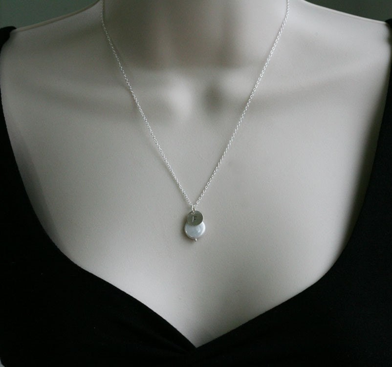 AAA grade white Coin Pearl and Stamped Initial Disk sterling silver necklace, great bridesmaid gift