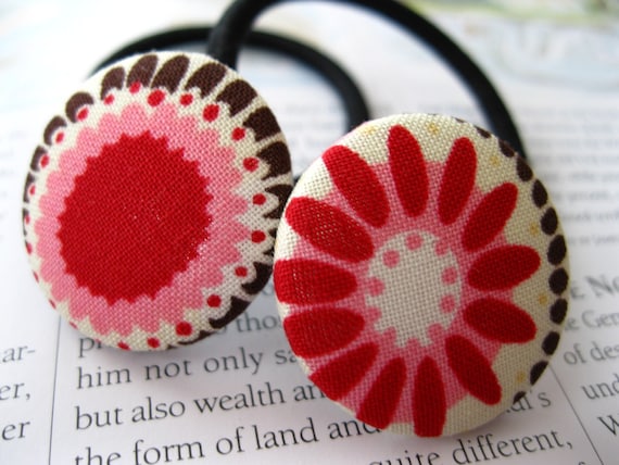 Button Ponies- Set of Two- Funky Daisies and Print in Red and Pink