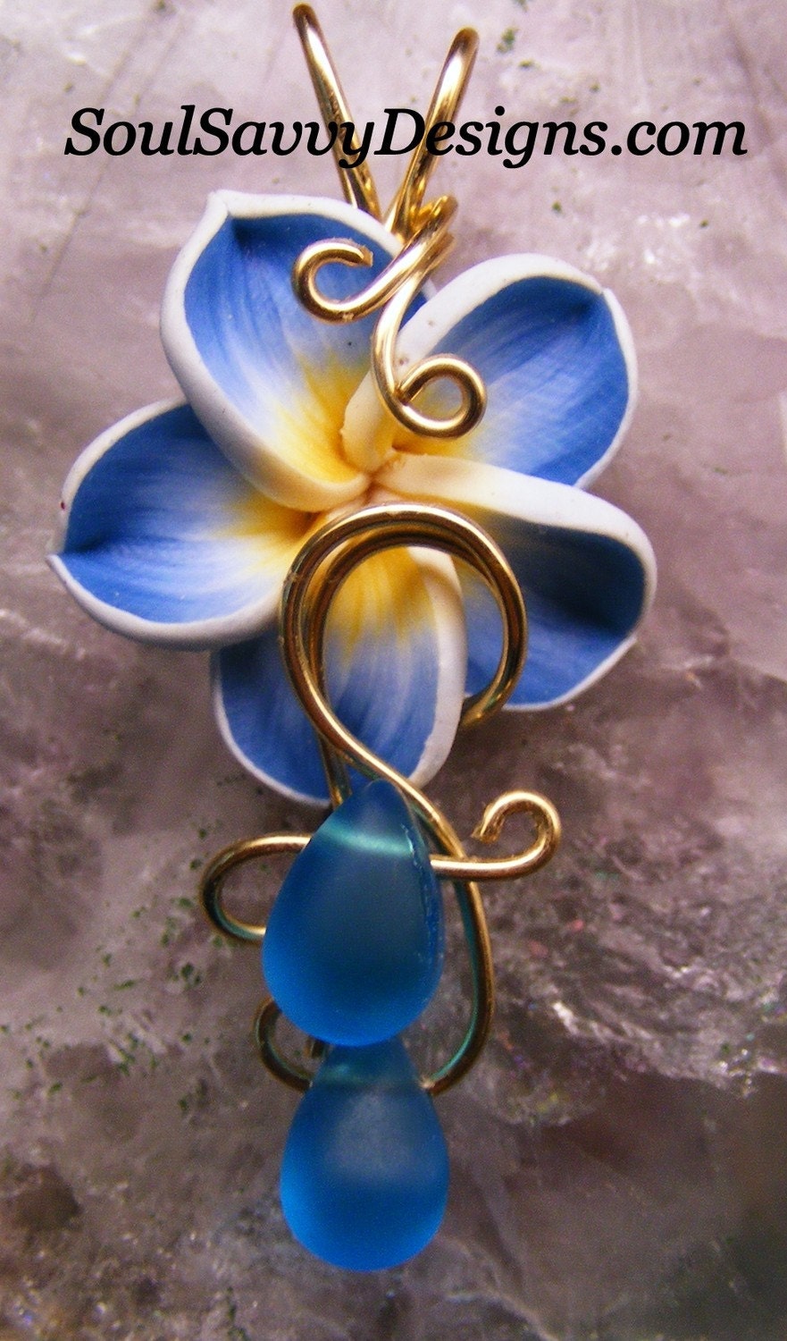 Wire Wrapped Plumeria Flower Pendant w Blue Frosted Crystals