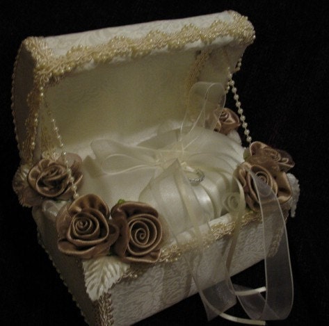 Ivory Brocade Satin and Cafe Colored Flowers Ring Bearer Chest