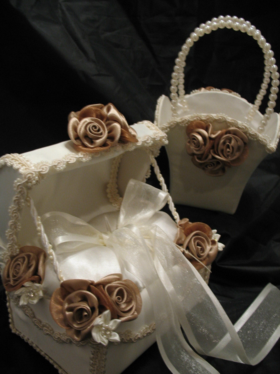 IVORY  Satin Ring Bearer Chest with Matching Flower Girl Basket  with TAN