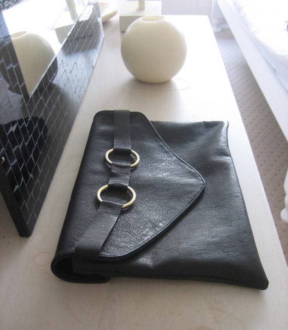 Black Kangaroo Leather Envelope Clutch with Gold Rings