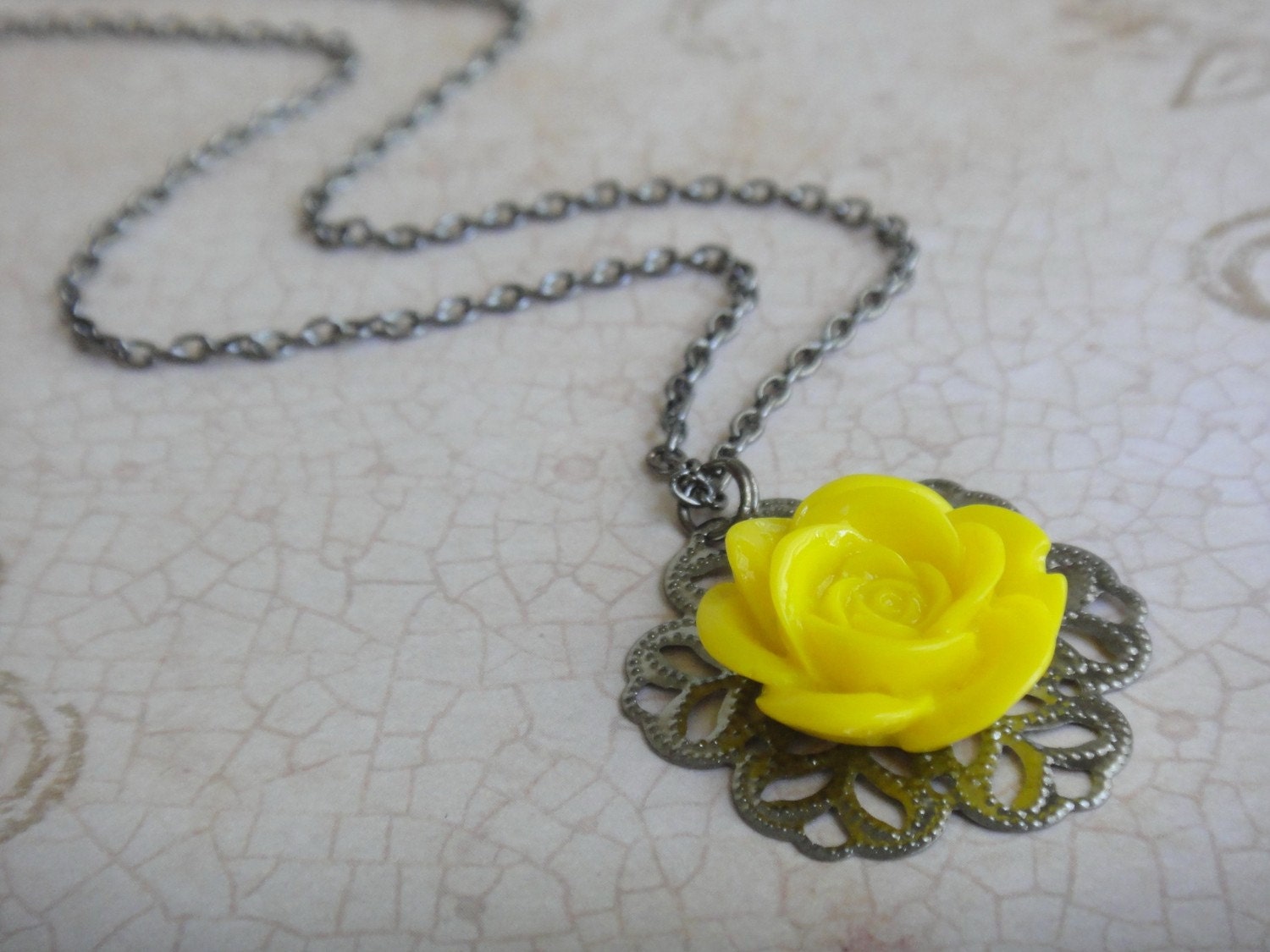 Yellow Rose Cabochon Flower Necklace