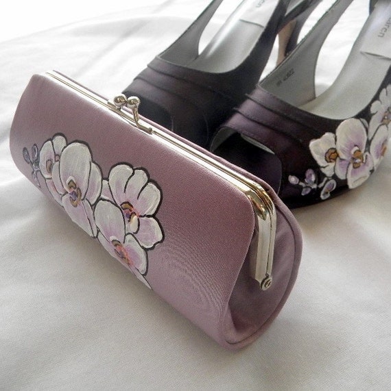 Wedding clutch bag painted orchid on lilac bag