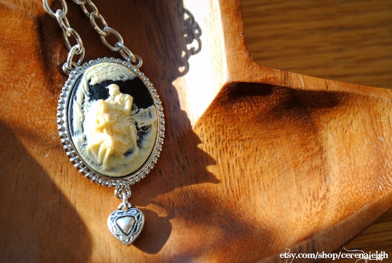 Romatic Cameo Pendant Necklace and Filigree Silver Heart Charm