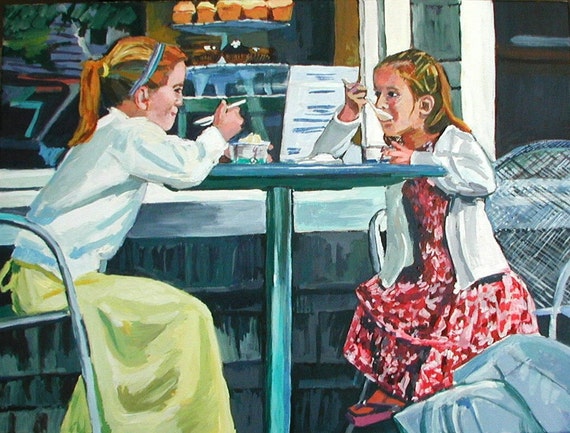 Girls At Ice Cream Parlor Original Fine Art Painting Gwen Meyerson