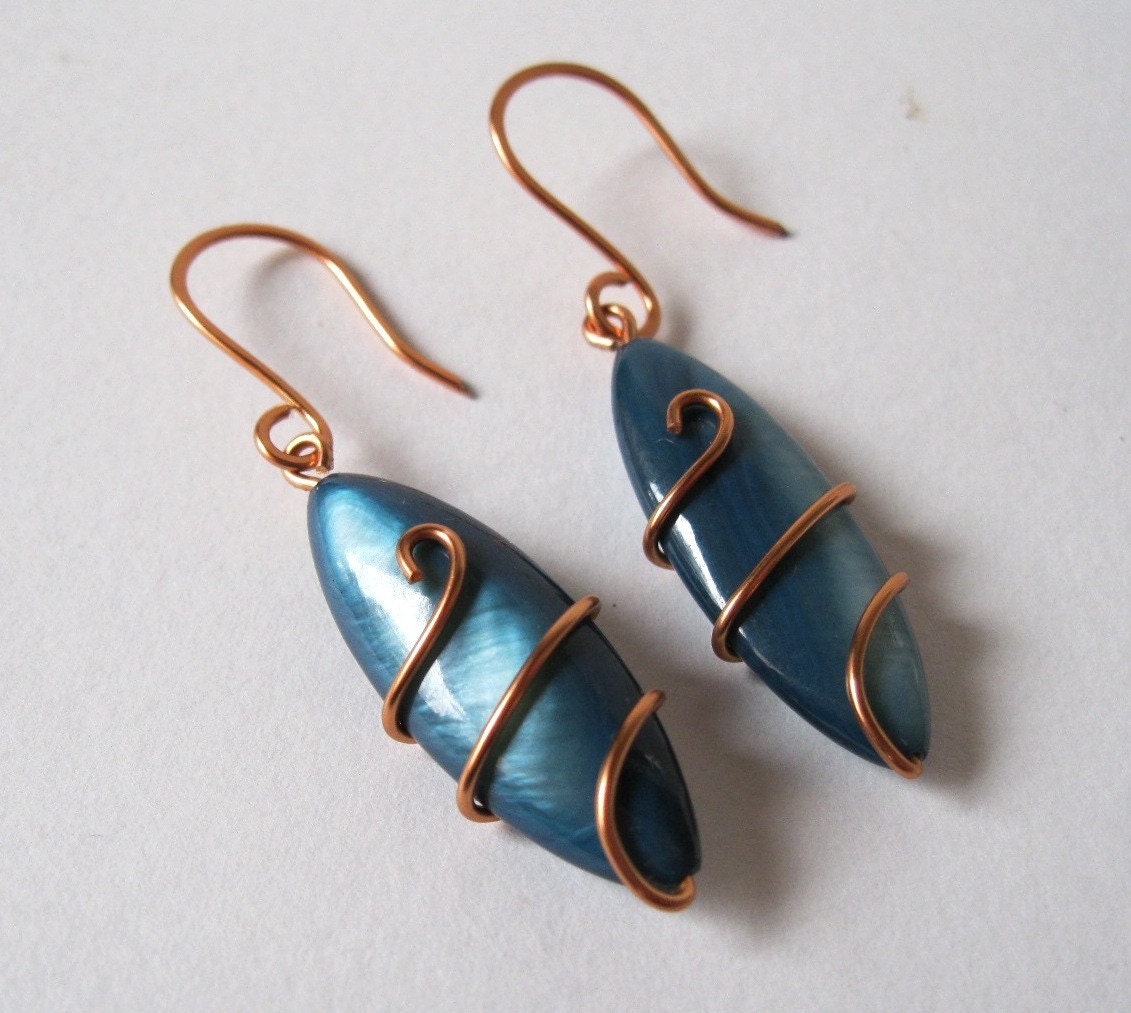 Copper Wire Wrapped Blue River Shell Oval Pair of Earrings