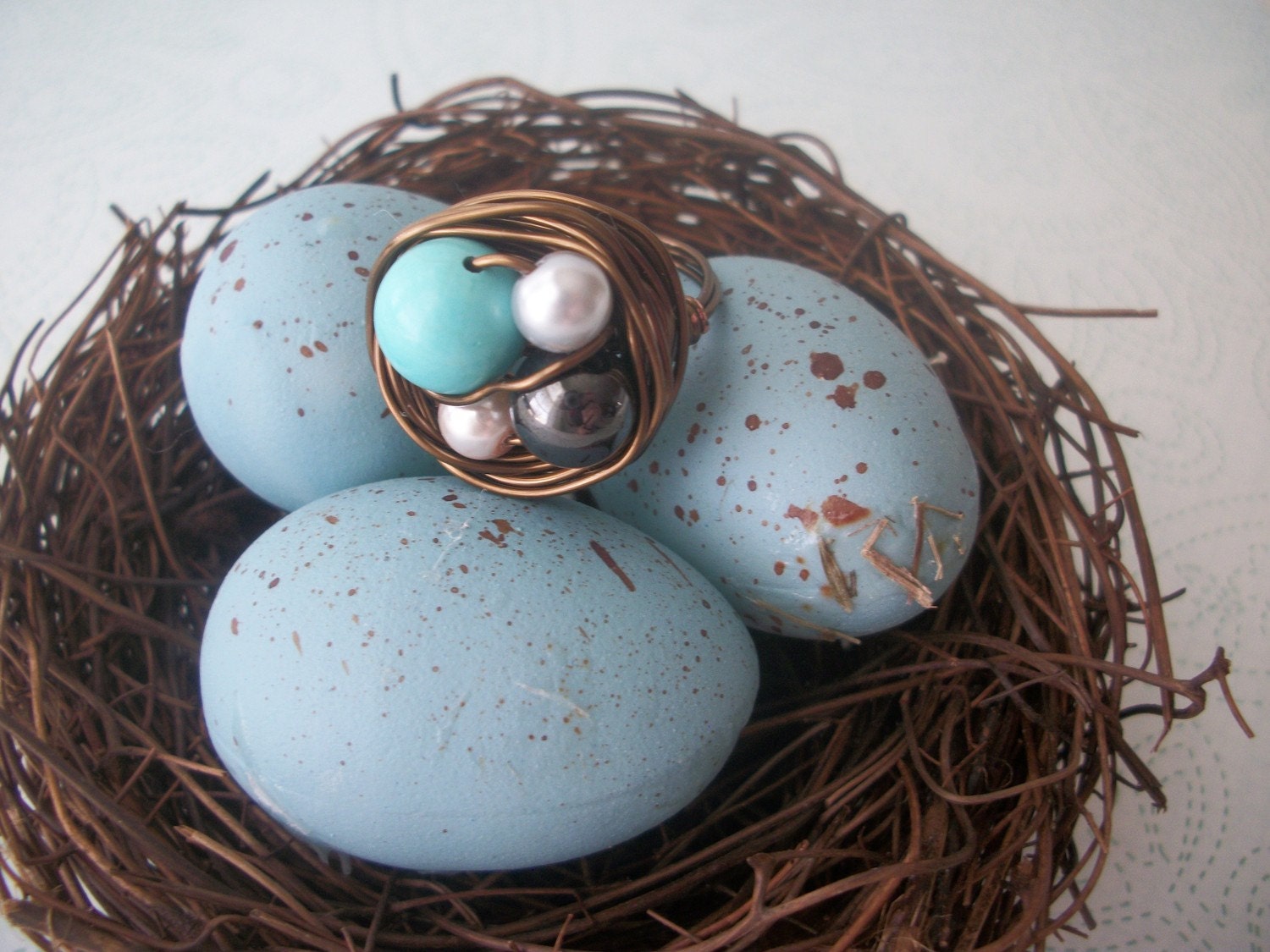 Antiqued brass bird's nest ring (multicolored beads)-Size 7