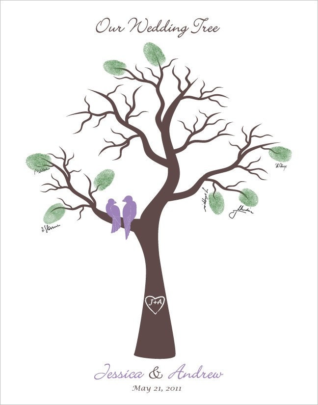 Personalized Wedding Thumb Tree Poster with Love birds in a tree, Personalized with your names, initials, date and your wedding colors, 11x14