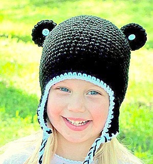 Child (ages 2-6) Black Panda Earflap Hat w/ Buttons