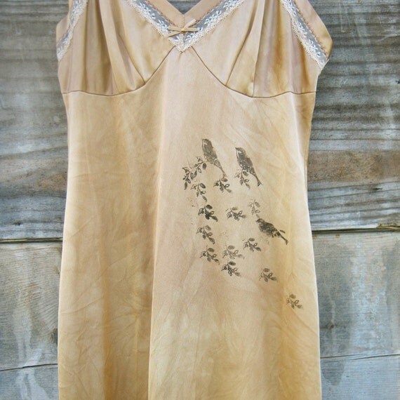 made to order - Funky Eco Vintage Artsy Bird Slip Dress - Hand Stamped