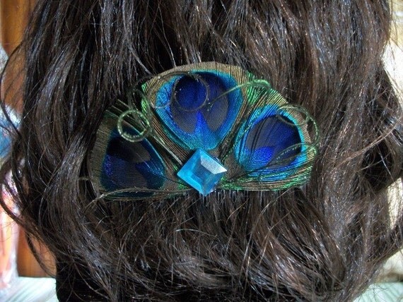 Peacock Hair Comb With Turquoise Rhinestone