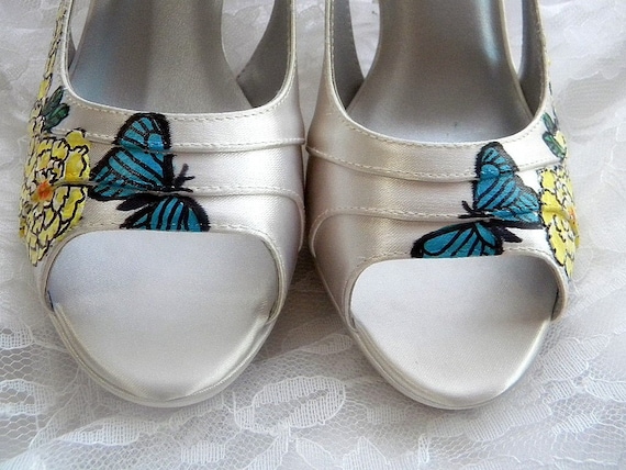 Wedding Shoes painted yellow peony blue morpho butterfly