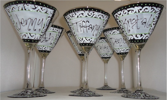 Black and White Damask Style Bridesmaid Wedding Bridal Bachelorette Party Hand Painted Martini Glass