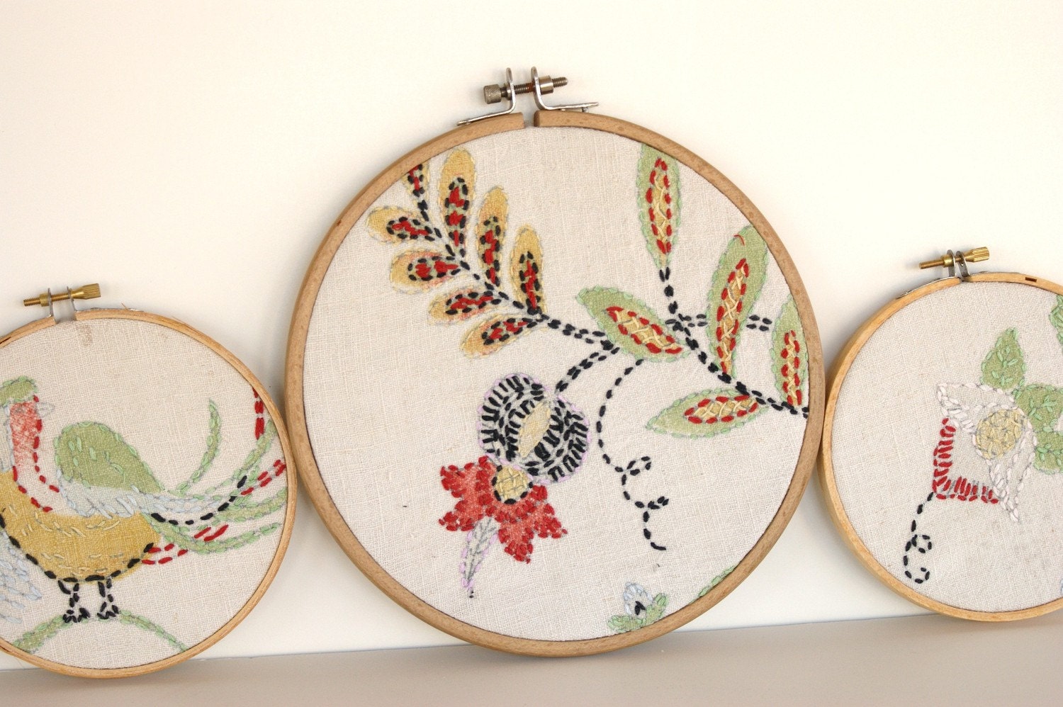Vintage Set of 3 Embroidery Needlepoint Fabric Hoop Wall Hanging Cotton Flowers Bird Shabby Chic by LeeLeescloset on Etsy