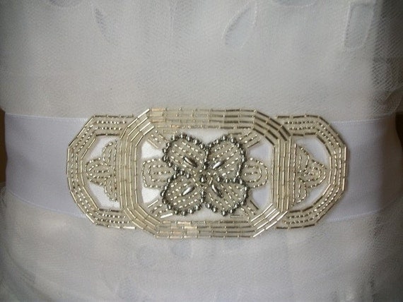 Beautiful Vintage Inspired White and Silver Beaded Bridal Sash