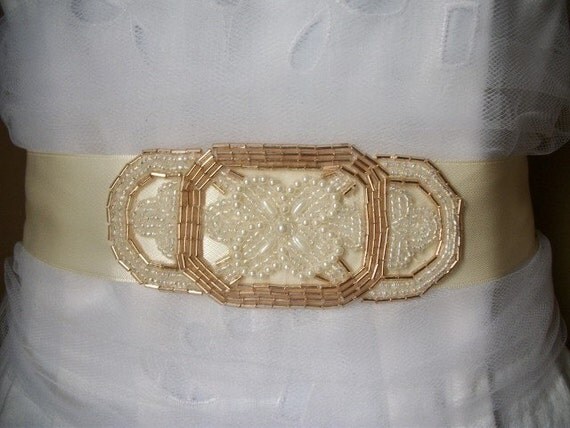 Beautiful Vintage Inspired Ivory  and Champagne Beaded Bridal Sash