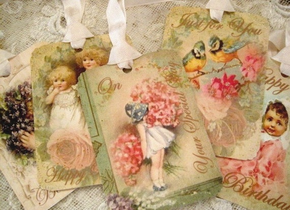 SET OF 6 - Vintage Greeting Cards - Happy Birthday - Gift Tags - Birds - Vintage Children - Puppy - Floral - Shabby - Buy Three Get One Free