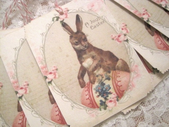 SET OF 9 - Easter Bunny Gift Tags - Vintage Greeting Cards - A Joyful Easter - Bunny - Eggs - Shabby - Floral - Roses - Pink - Buy Three Get One Free