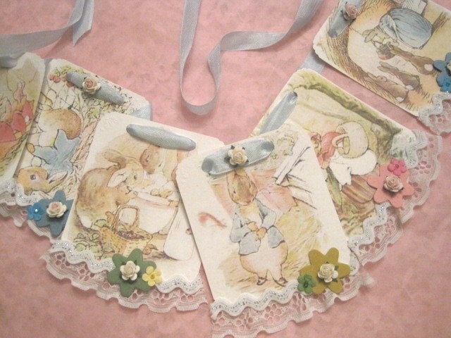 Story Book EASTER Banner - Peter Rabbit and Friends - Bunnies - Rabbits - Eggs - Holiday - Vintage - Shabby Sweet - Lace - Ric Rac - Paper Roses - Seam Binding