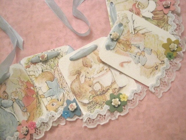 Story Book EASTER Banner - Peter Rabbit and Friends - Bunnies - Rabbits - Eggs - Holiday - Vintage - Shabby Sweet - Lace - Ric Rac - Paper Roses - Seam Binding